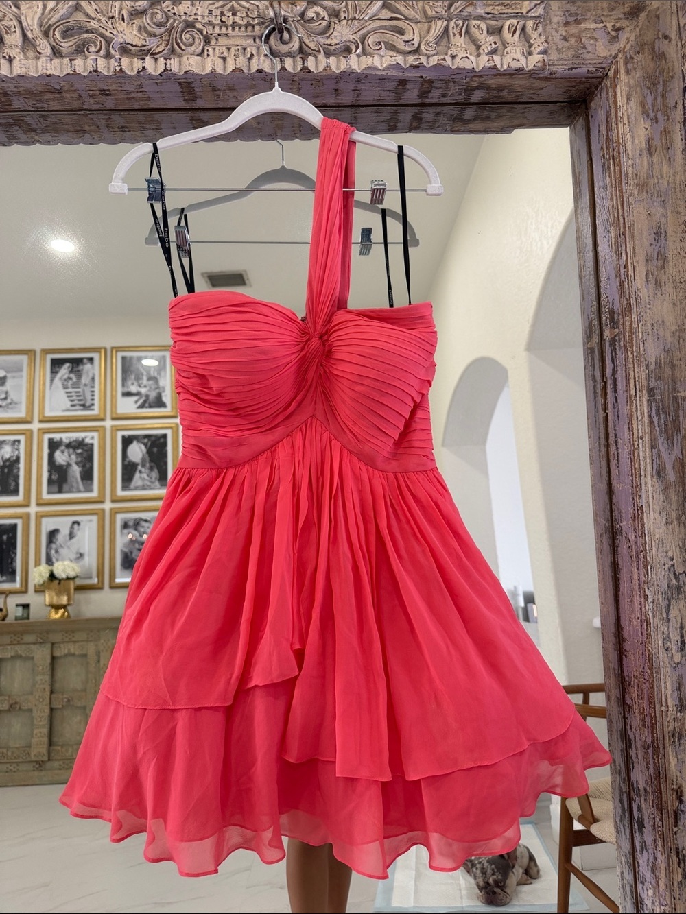 100% Silk bebe Coral Pink One-Shoulder Pleated Prom/Cocktail Dress